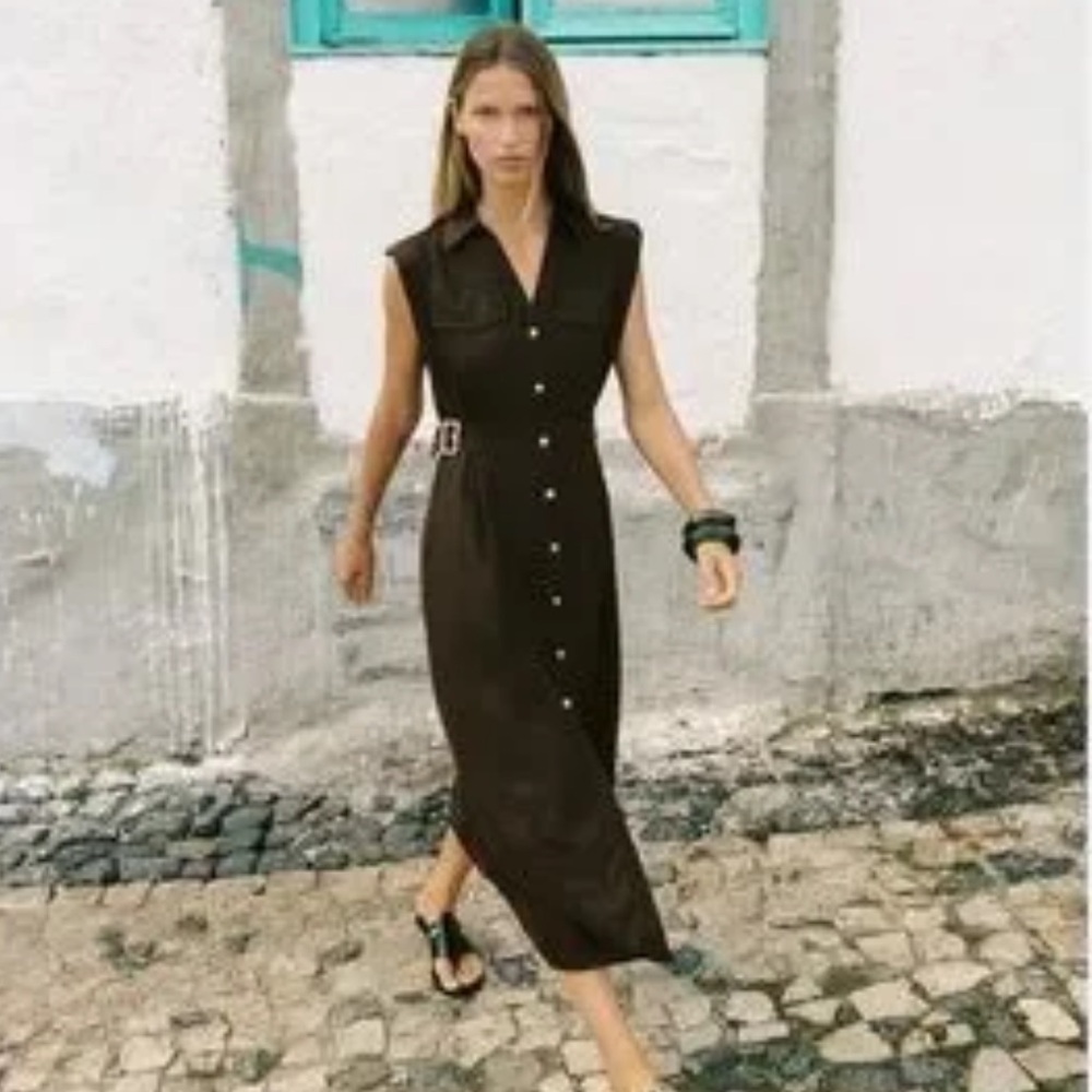 ❌SOLD❌ZARA Brown Linen Midi Sleeveless Dress - Picture 3 of 4